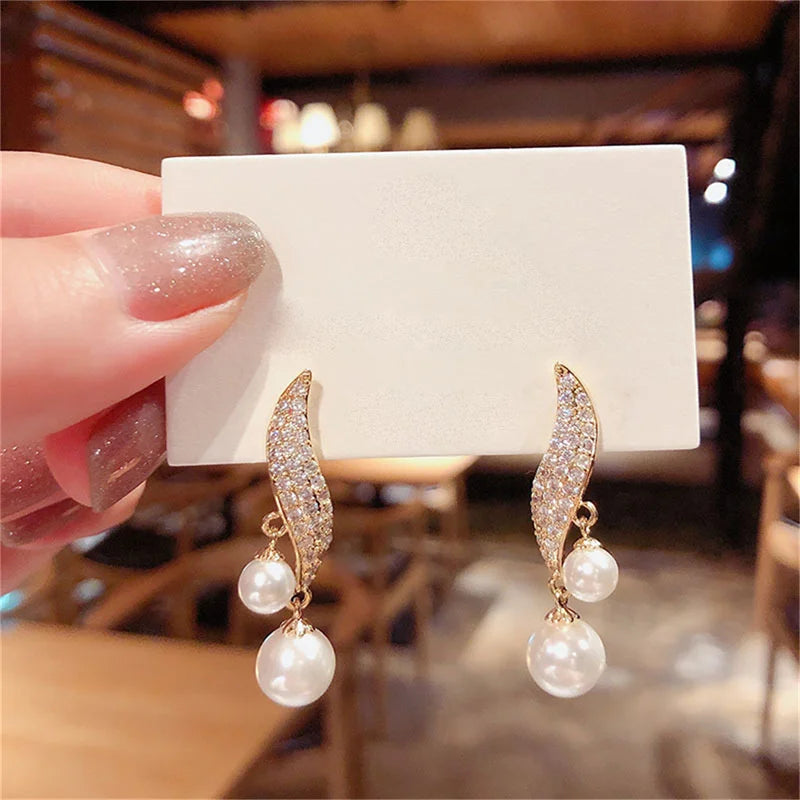 New Classic Elegant Imitation Double Pearl Dangle Earrings For Women Crystal Long Tassel Drop Earring Wedding Jewelry Gifts