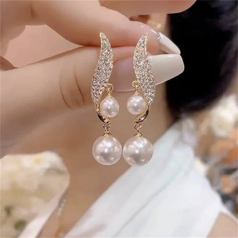 New Classic Elegant Imitation Double Pearl Dangle Earrings For Women Crystal Long Tassel Drop Earring Wedding Jewelry Gifts