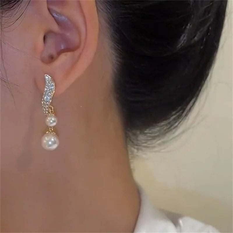 New Classic Elegant Imitation Double Pearl Dangle Earrings For Women Crystal Long Tassel Drop Earring Wedding Jewelry Gifts